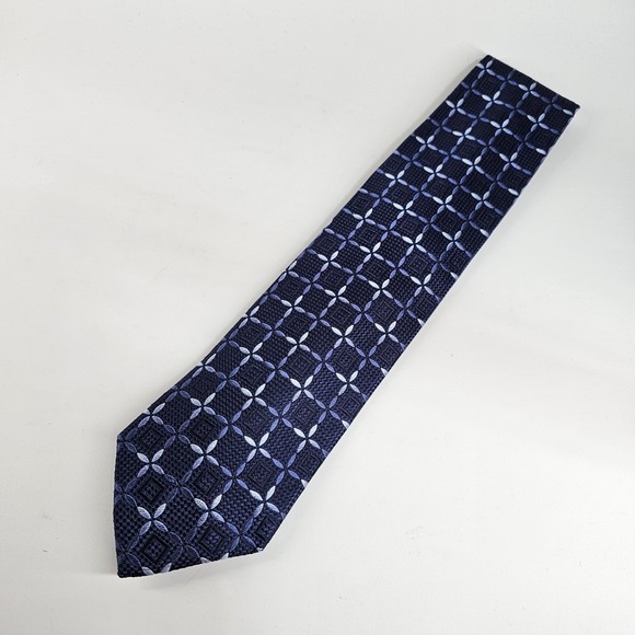 Ermenegildo Zegna Tie Geometric Floral Blue Textured Checkered Navy Italy - Picture 1 of 8